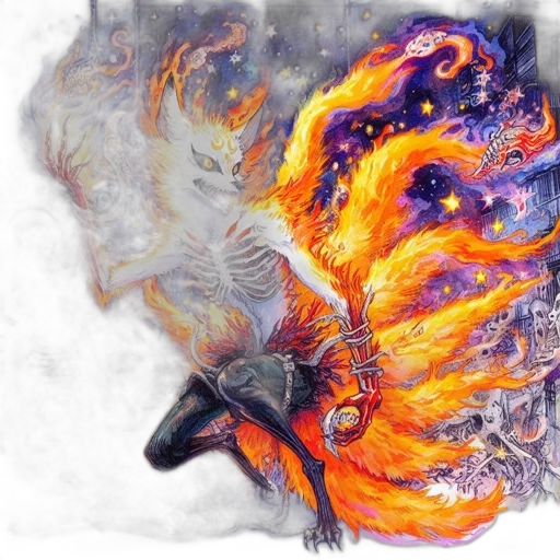 dragon, mask, sword, hair, fantasy art, watercolor, concept art, comic book art transparent PNG cut-out