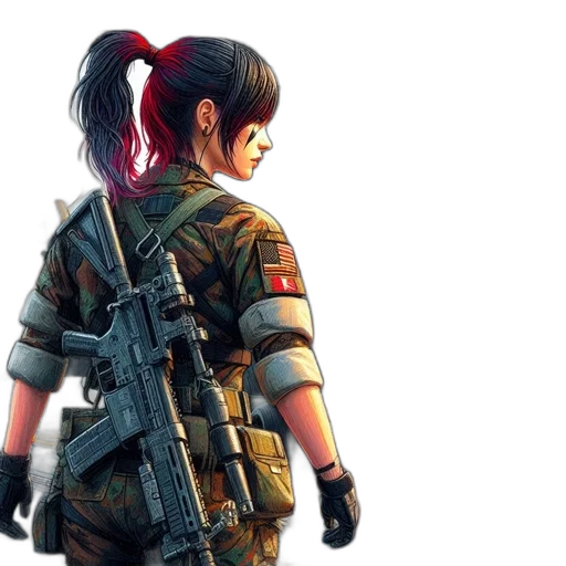 weapon, concept art, cyberpunk, 3d render, photorealistic, red, woman, camouflage transparent PNG cut-out