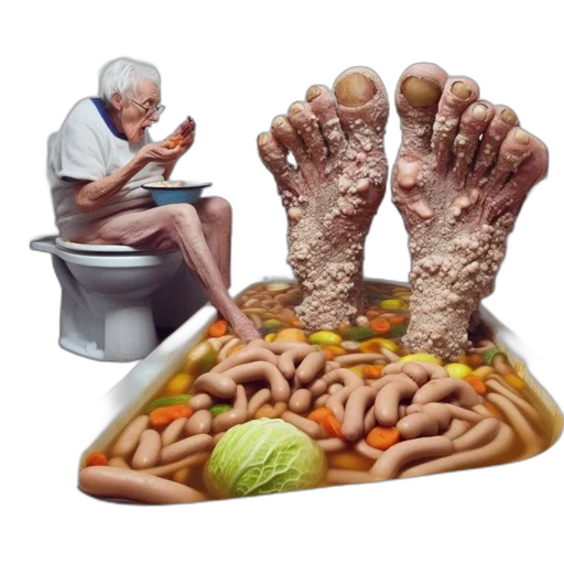 food, photorealistic, elderly, man, seated, toilet, eats, bowl transparent PNG cut-out