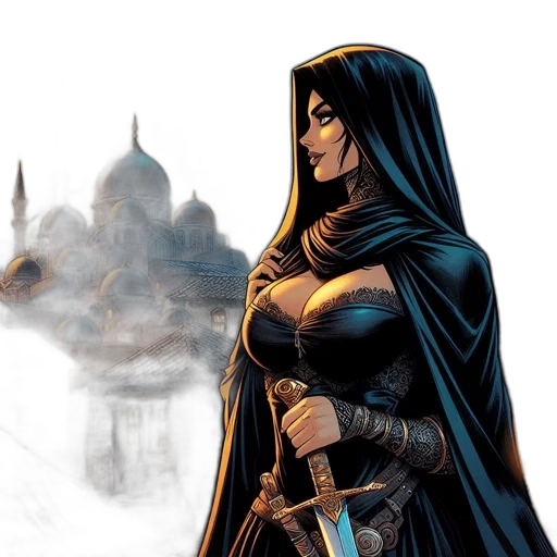 comic book art, fantasy art, concept art, pixel art, woman, black, cloak, stands transparent PNG cut-out