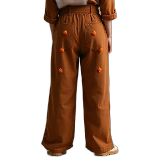 jacket, earth tones, brown, trousers, orange, pips, line, across transparent PNG cut-out
