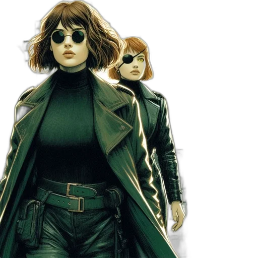 jacket, comic book art, concept art, green, two, women, distinctive, features transparent PNG cut-out
