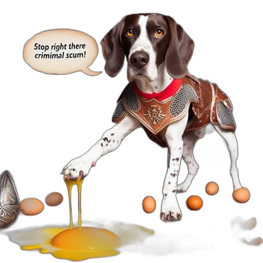 food, dressed, armor, dog, stands, atop, wooden, floor transparent PNG cut-out