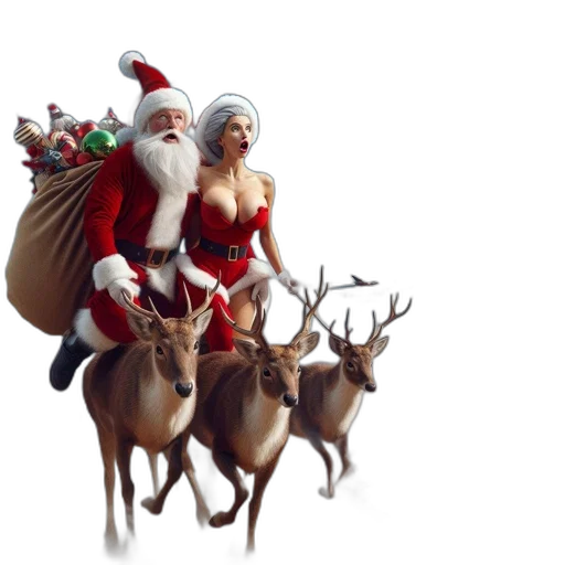 concept art, fantasy art, 3d render, photorealistic, santa, elf, ride, reindeer transparent PNG cut-out