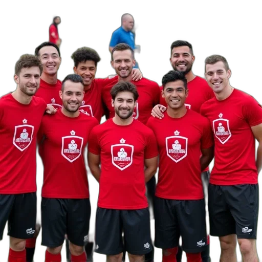staff, group, people, wearing, red, shirts, logo, front transparent PNG cut-out
