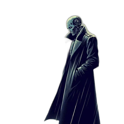 mask, jacket, robot, staff, concept art, comic book art, fantasy art, pixel art transparent PNG cut-out