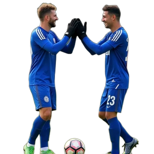 two, soccer, players, standing, grassy, field, laughing, high-fiving transparent PNG cut-out