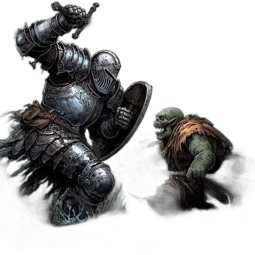 sword, concept art, fantasy art, comic book art, armored, knight, confronts, orc-like transparent PNG cut-out