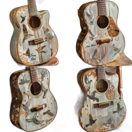 3d render, four, acoustic, guitars, unique, bird, designs, distressed transparent PNG cut-out