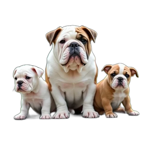 animal, photorealistic, 3d render, group, bulldogs, including, large, adult transparent PNG cut-out