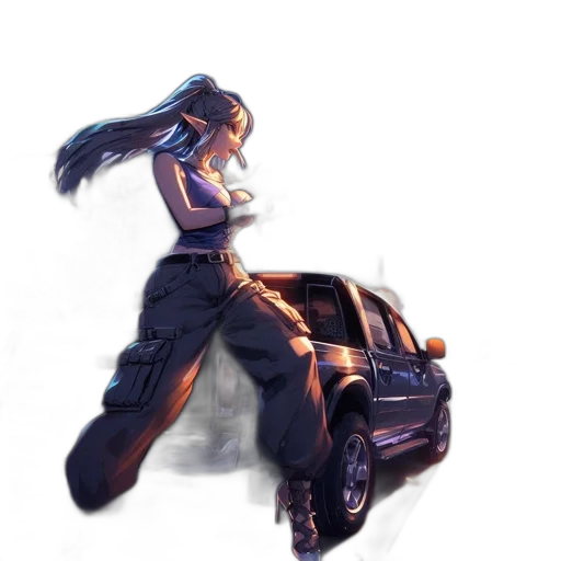 car, hair, weapon, robot, concept art, fantasy art, cyberpunk, 3d render transparent PNG cut-out