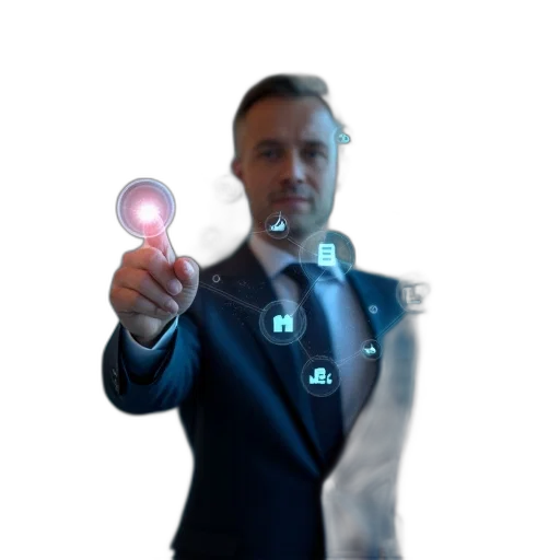 staff, robot, weapon, 3d render, concept art, photorealistic, businessman, suit transparent PNG cut-out