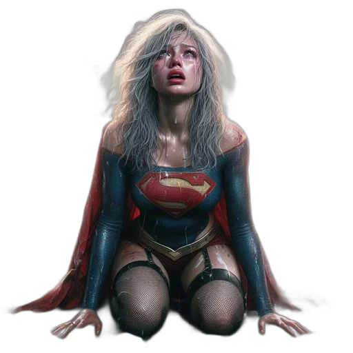 face, comic book art, concept art, fantasy art, photorealistic, supergirl, kneels, among transparent PNG cut-out