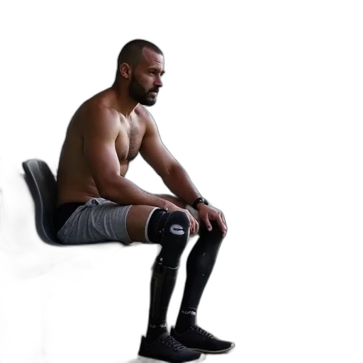 furniture, shoes, shirtless, man, prosthetic, leg, sitting, bench transparent PNG cut-out