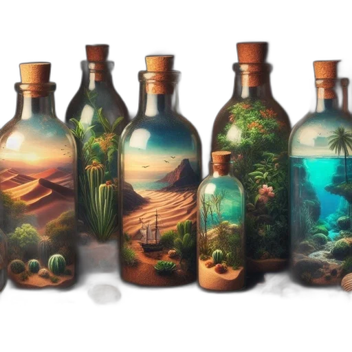bottle, fantasy art, concept art, oil painting, photorealistic, forest, underwater, sunset transparent PNG cut-out