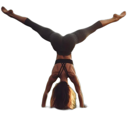 staff, jewelry, woman, executes, handstand, seaside, meadow, wears transparent PNG cut-out