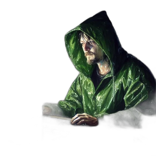 jacket, umbrella, face, concept art, photorealistic, fantasy art, comic book art, rain transparent PNG cut-out