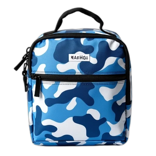 blue, white, patterned, lunchbox, black, handle, zipper, closure transparent PNG cut-out