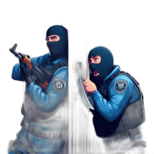 weapon, mask, jacket, concept art, pixel art, comic book art, fantasy art, blue transparent PNG cut-out