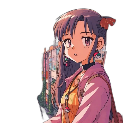 jacket, dress, face, weapon, anime, pixel art, vaporwave, cartoon transparent PNG cut-out