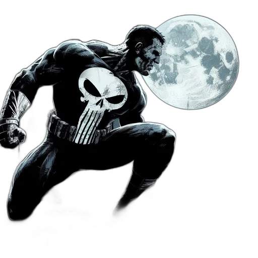 mask, jacket, comic book art, concept art, punisher, stands, atop, skyscraper transparent PNG cut-out