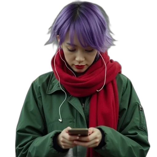 jacket, staff, face, hair, cyberpunk, vaporwave, anime, concept art transparent PNG cut-out