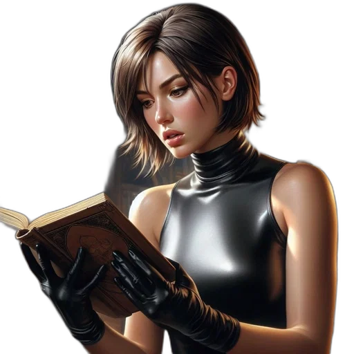 weapon, comic book art, concept art, fantasy art, cyberpunk, older, lady, reads transparent PNG cut-out