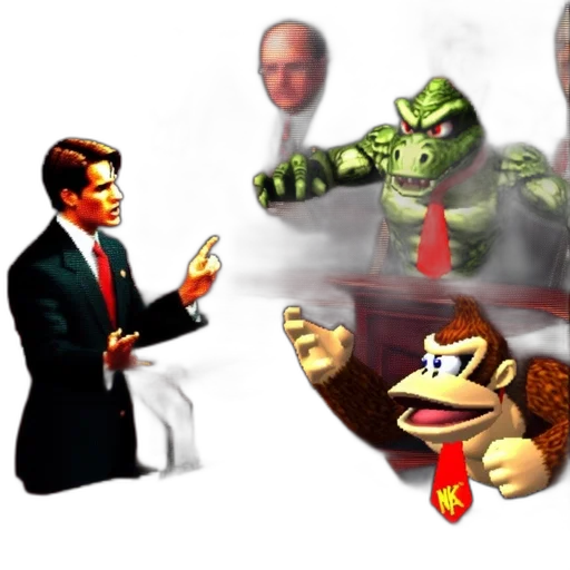 concept art, 3d render, fire, comical, courtroom, scene, suited, figure transparent PNG cut-out