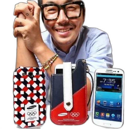 man, holding, samsung, phone, red, blue, case transparent PNG cut-out
