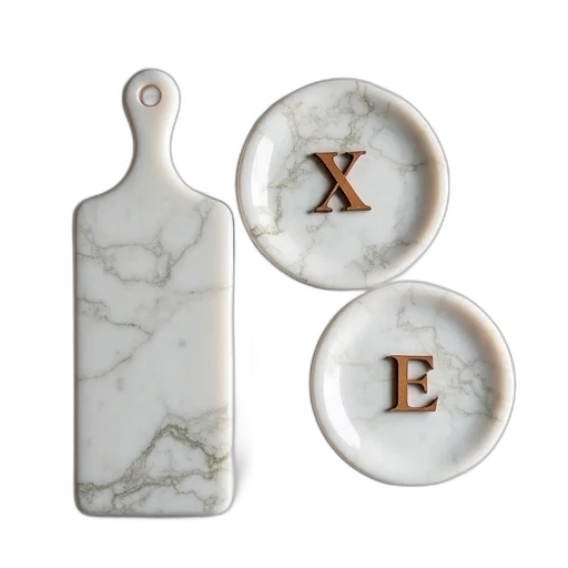 three, marble, cheese, board, two, plates, wooden, letters transparent PNG cut-out
