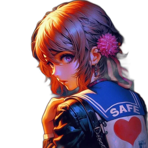 jacket, face, dress, flower, anime, cyberpunk, vaporwave, pixel art transparent PNG cut-out