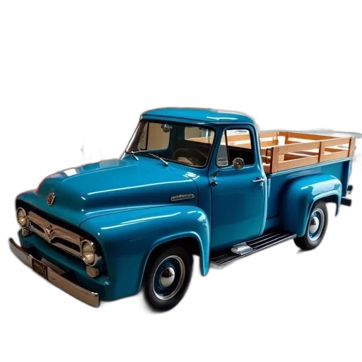 car, 3d render, photorealistic, blue, pickup, truck, wooden, bed transparent PNG cut-out