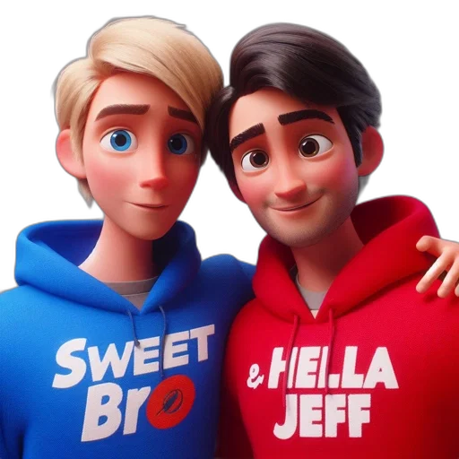 jacket, 3d render, cartoon, concept art, two, animated, characters, one transparent PNG cut-out