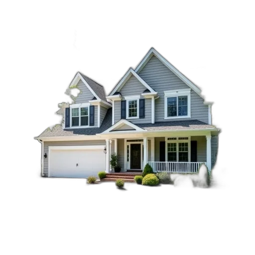 building, 3d render, photorealistic, two-story, house, gray, roof, white transparent PNG cut-out