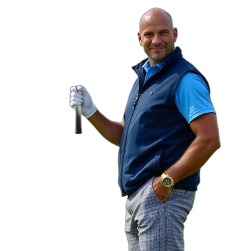 jacket, staff, man, bald, head, holding, golf, club transparent PNG cut-out