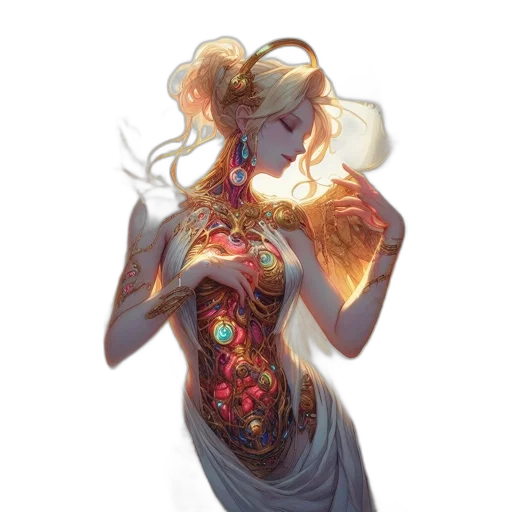 dress, jewelry, concept art, fantasy art, comic book art, cyberpunk, fire, neon lights transparent PNG cut-out