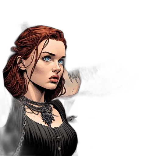 comic book art, fantasy art, concept art, photorealistic, fire, dark, earth tones, woman transparent PNG cut-out