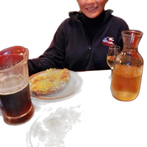food, jacket, staff, person, sits, table, two, plates transparent PNG cut-out