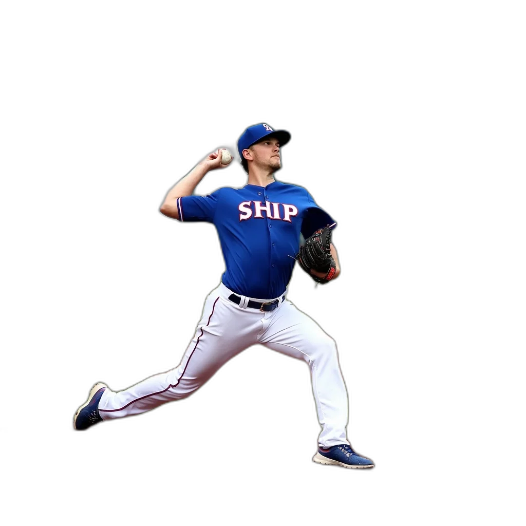 baseball, player, blue, uniform, word, ship, chest, pitching transparent PNG cut-out