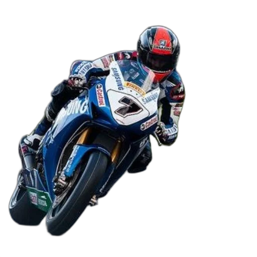 motorcycle, racer, wearing, samsung-sponsored, suit, leans, into, turn transparent PNG cut-out