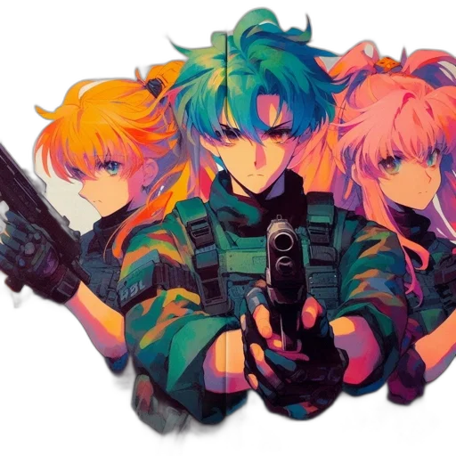 weapon, jacket, cyberpunk, vaporwave, pixel art, anime, fire, colorful transparent PNG cut-out