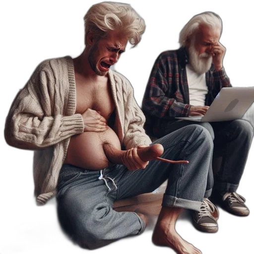 concept art, photorealistic, pixel art, fire, two, men, sit, cozy transparent PNG cut-out