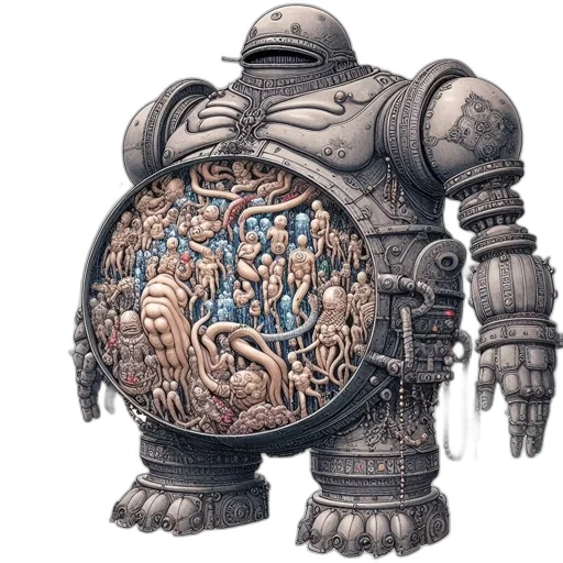 robot, creature, weapon, concept art, fantasy art, 3d render, comic book art, steampunk-inspired transparent PNG cut-out