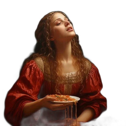 food, dress, face, jewelry, photorealistic, oil painting, concept art, 3d render transparent PNG cut-out