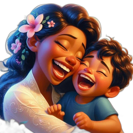 photorealistic, concept art, cartoon, 3d render, mother, child, share, joyful transparent PNG cut-out