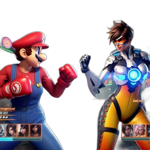 concept art, 3d render, two, iconic, gaming, characters, mario, tracer transparent PNG cut-out