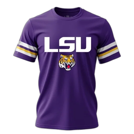 purple, t-shirt, lsu, tigers, logo, front, white, stripe transparent PNG cut-out