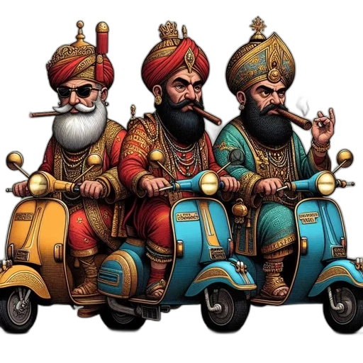 concept art, fantasy art, three, regally, clad, men, ride, vintage transparent PNG cut-out