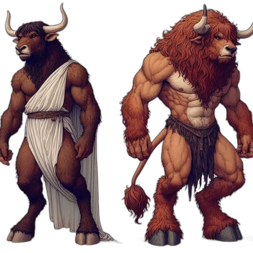 concept art, fantasy art, pixel art, comic book art, earth tones, two, anthropomorphic, bull-human transparent PNG cut-out