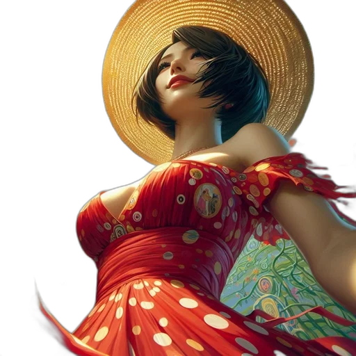 dress, hat, umbrella, jewelry, photorealistic, fantasy art, oil painting, 3d render transparent PNG cut-out